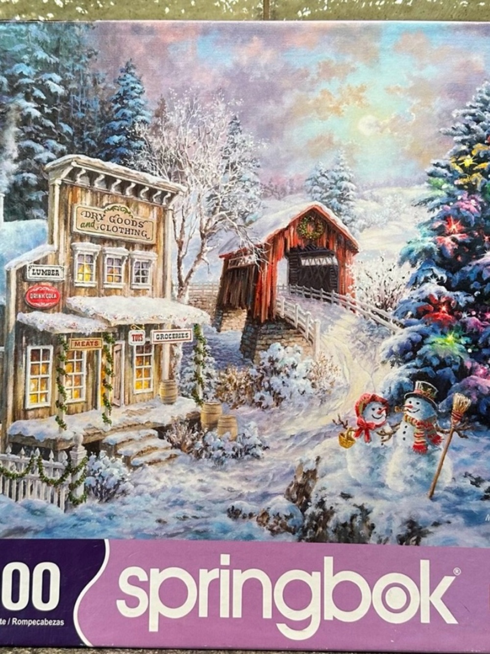 Springbok Country Christmas Store Puzzle Snowy Red Covered Bridge Scene 1000 Pic